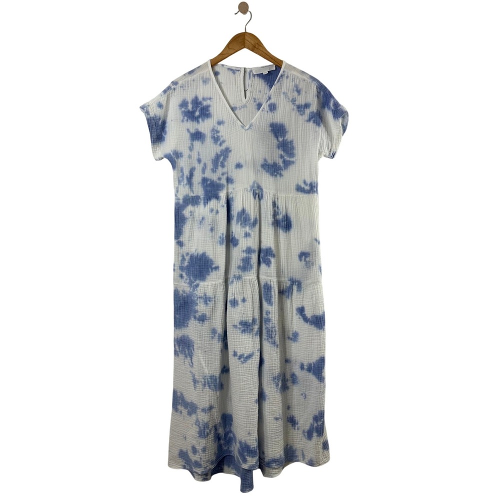 adyson parker Blue White Tie Dye Cotton Gauze Pockets Tiered Midi Dress Womens M